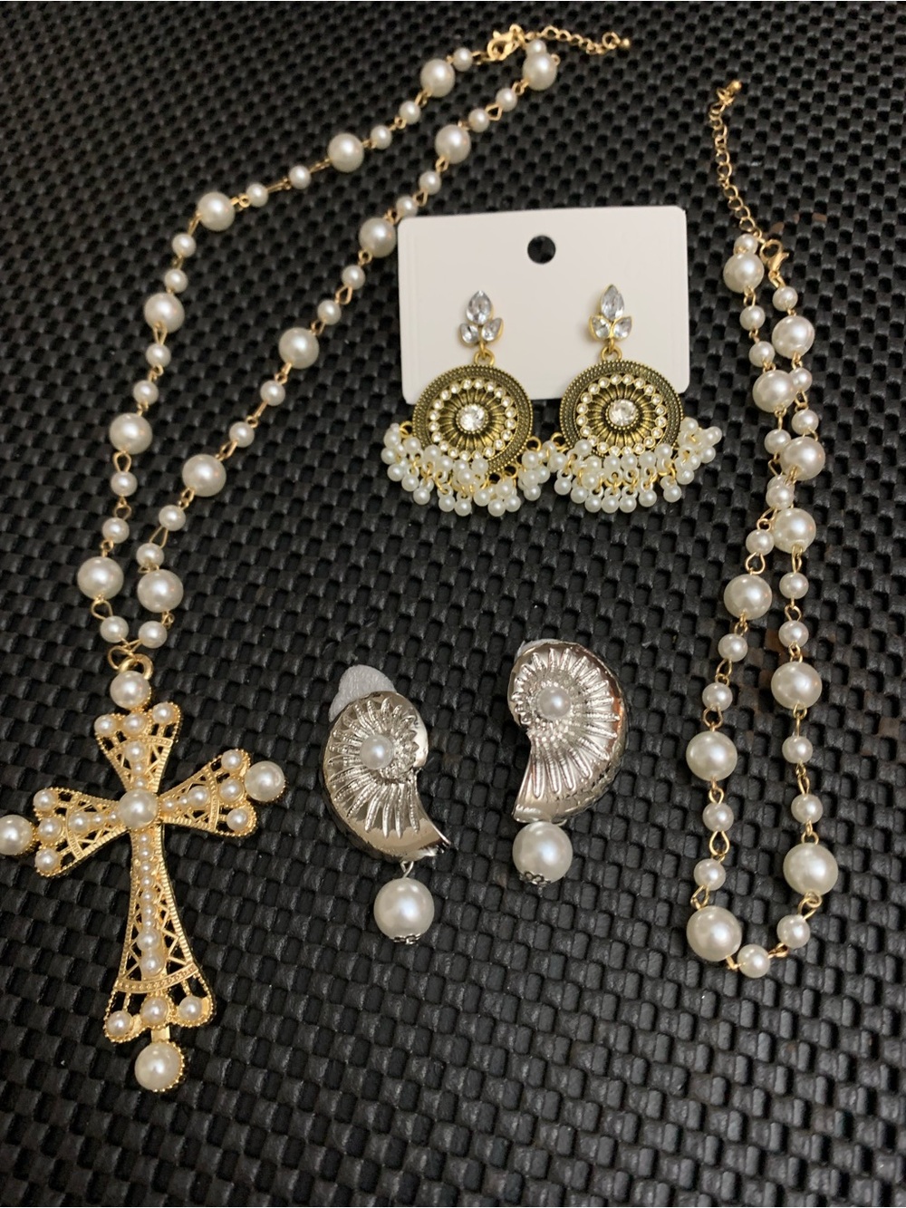 Gold Pearl Cross Necklace, Matching Necklace Drop Earrings & Silver 🐚 Earrings